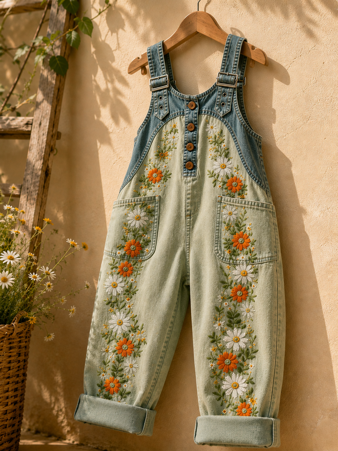 Women's Retro Style Art Print Washed Cotton Denim Patchwork Jumpsuit